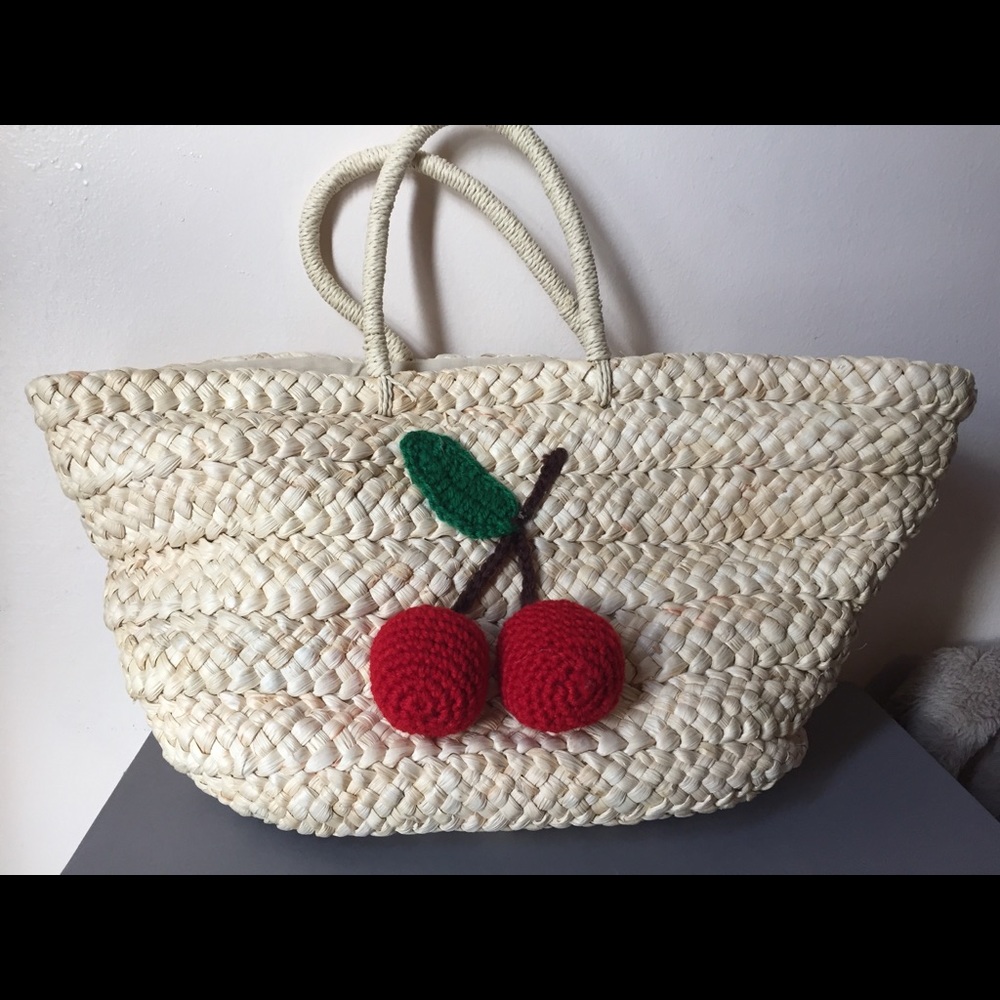 Glamorous Large Straw Bag Tote With Cherry Detail